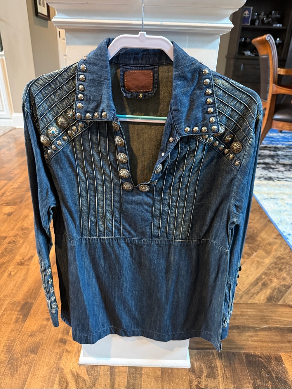 American Darling Tunic with Conchos Studded Denim Western Shirt - Dark Blue